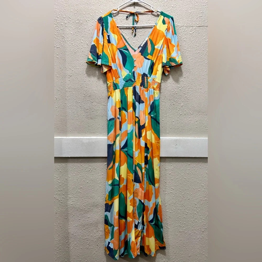 Abel the Label Anthropologie Hilda Colorful V-Neck Side Slits Maxi Dress NWOT S